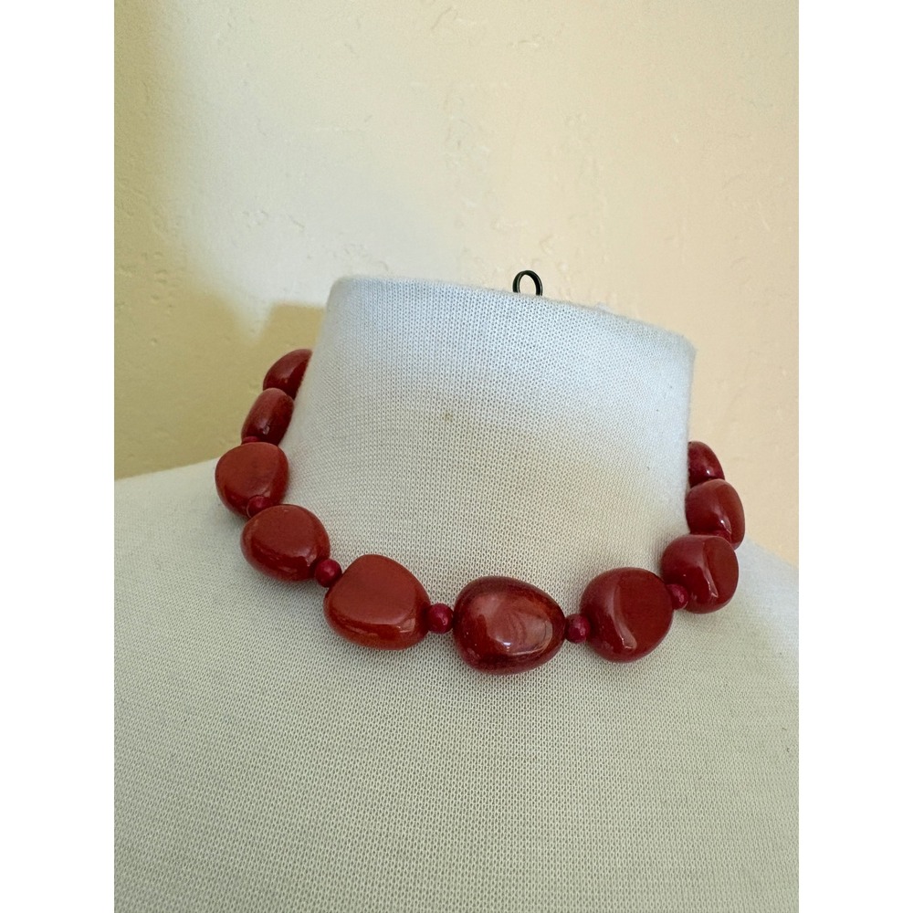 Vintage Style Red Chunky Pebble Bead Statement Necklace Lobster Clasp